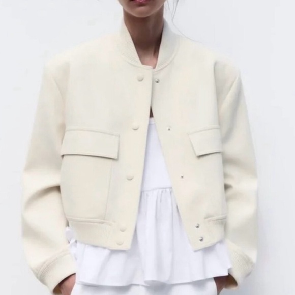 Zara Maxi Pocket Bomber in Cream White - Picture 1 of 3